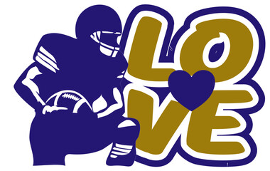 Love written in Purple and gold with a heart at the center and a football Player next to the text. Bold vector design in street art style, perfect for sporty, dynamic illustrations.