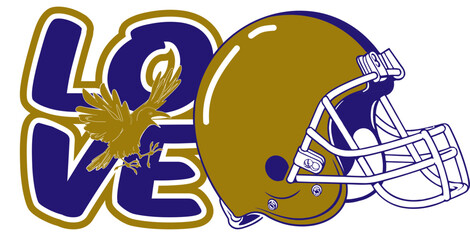 Love written in Purple and gold with a Raven at the center and a football helmet next to the text. Bold vector design in street art style, perfect for sporty, dynamic illustrations.