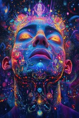 Close-up portrait of a person with vivid blue, purple, orange, and pink kaleidoscopic motifs on skin