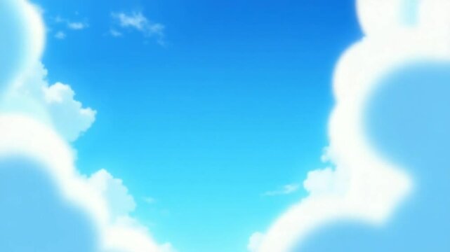Vibrant blue sky adorned with fluffy white clouds, creating a dynamic and expansive atmosphere anime style