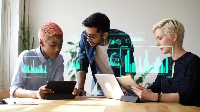 Three diverse coworkers collaborate on a project, looking at tablets and analyzing data displayed as digital charts and graphs. - Powered by Adobe