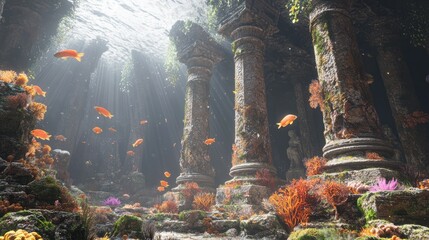 Underwater ruins with school of fish and ancient stone pillars lit by sunbeams