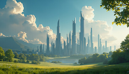 Futuristic city Background template. A digital image Illustration composed with mixed media source elements. Photo, illustration, 3D Rendering and  generative AI.