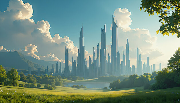 Futuristic city Background template. A digital image Illustration composed with mixed media source elements. Photo, illustration, 3D Rendering and  generative AI.