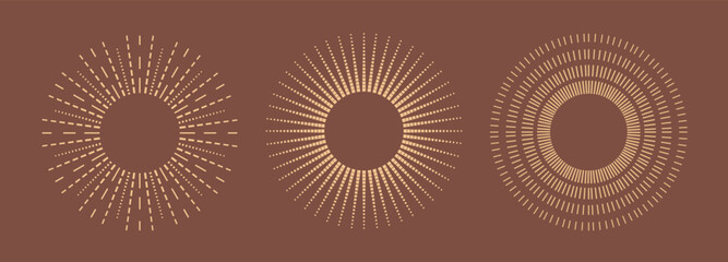 Bohemian style gold sun shapes. Abstract mystic thin line star rays vector elements