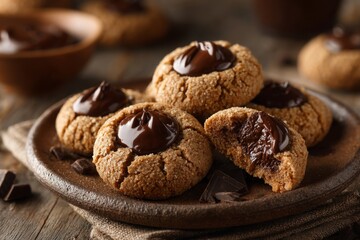 Fototapeta premium Elegant arrangement of dried cookies with melted chocolate filling, served on a white platter, emphasizing their texture and deliciousness