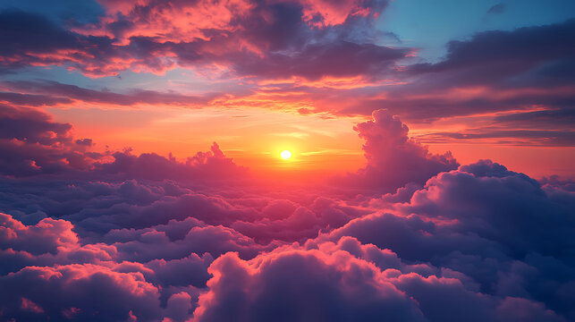 Aerial view of fiery sunset sky above fluffy pink clouds dreamy atmospheric scenery with dramatic clouds and a radiant sun creating a heavenly and serene ambience
