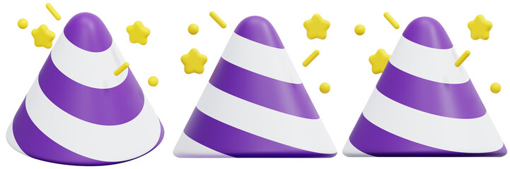 Set of Purple and White Striped Party Hats with Confetti and Stars 3d Render Icon Illustration
