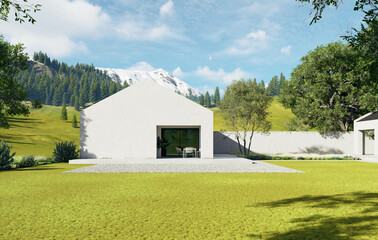 Fototapeta premium Contemporary Architectural Design Set Against a Serene and Picturesque Mountain Landscape