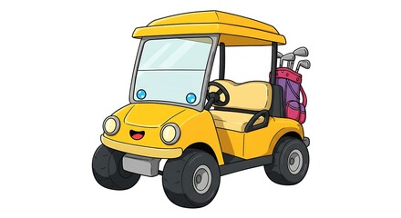 Obraz premium Adorable Cartoon Golf Cart Illustration Happy Yellow Golf Buggy