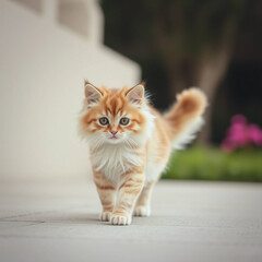 adorable fluffy cat walking outdoors in summer