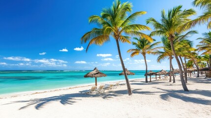Tropical beach paradise palm trees turquoise ocean and sunny skies