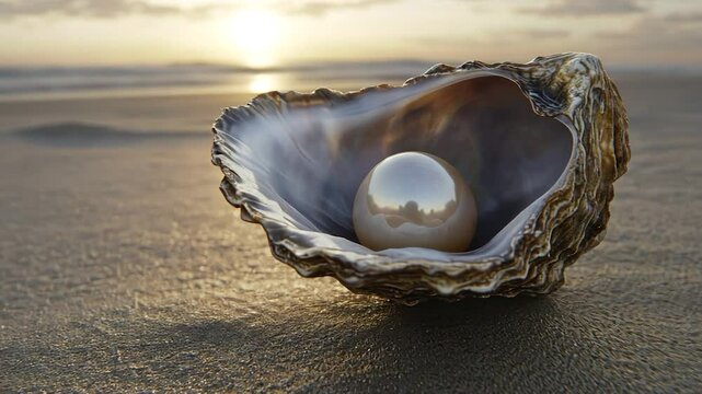 A lustrous pearl rests inside an oyster shell on a sunlit beach