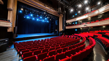 Naklejka premium Vibrant theater interior featuring red seats and stage illuminated by blue lights, creating inviting atmosphere