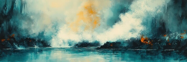Abstract Teal Landscape Painting Modern Art Ocean Scene Coastal Calm Water Texture Background Design