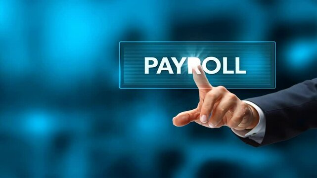 Businessman touching blue screen with word payroll, showing digital control over hr payroll system, salary automation, payroll management setup