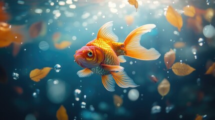 Vibrant goldfish swimming gracefully amongst falling autumn leaves and bubbles in the water