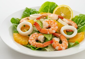 Seafood Salad with Shrimp, Squid and Citrus on White Plate