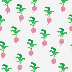 Seamless hand drawn cute radish pattern for kitchen textiles, eco-friendly packaging, recipe books, greeting cards, garden-themed products, and digital scrapbooking