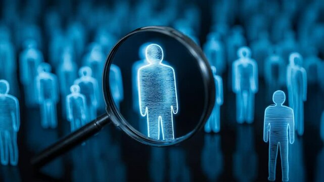 Magnifying glass focusing on human outline among crowd, symbolizing employee search, payroll management system, hr payroll team selection