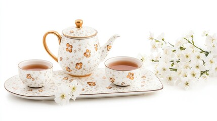 Fototapeta premium Elegant tea set with aromatic brew and fresh jasmine petals, isolated on white