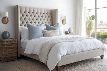 King Size Bed with Tufted Headboard, Blue Pillows, White Blanket, and Wicker Table
