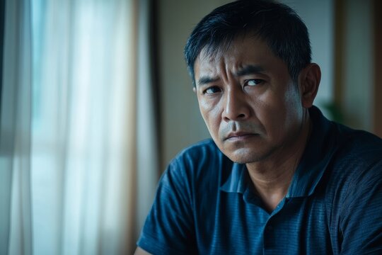 Serious Asian Man Portrait Indoor Setting Thoughtful Expression sad face male mood adult human image