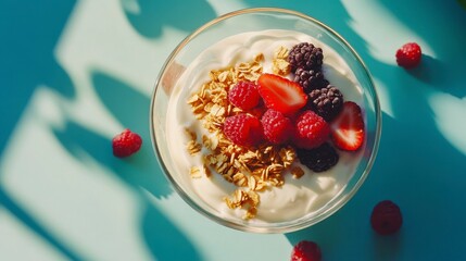 Creamy yogurt parfait with granola, strawberries, and raspberries in a glass bowl.