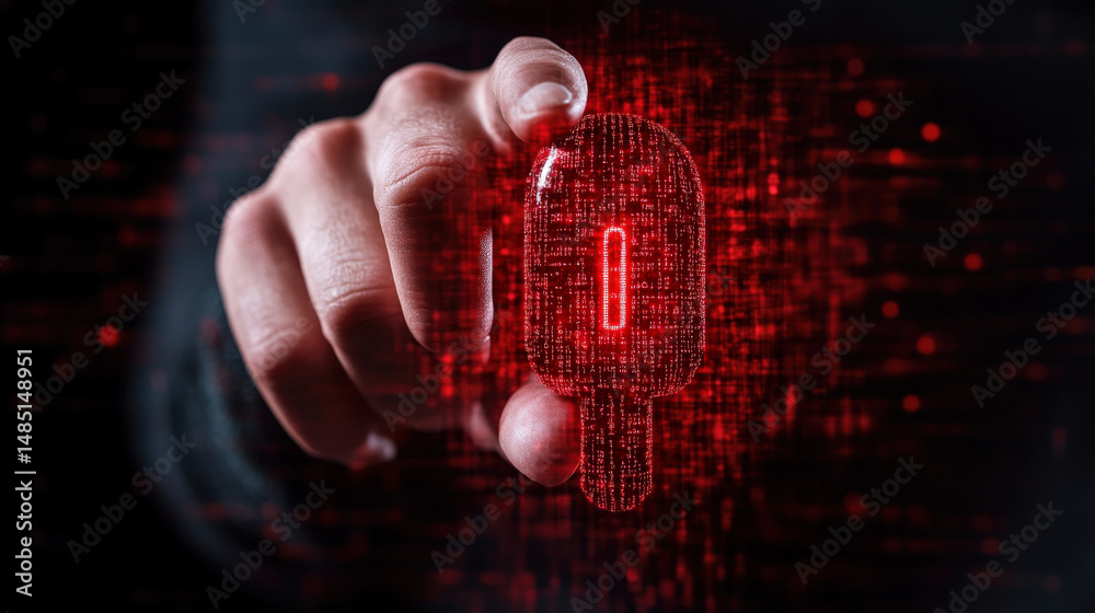 Aufkleber Hand reaches towards glowing red digital key, symbolizing cybersecurity and data protection. image conveys sense of security and technological advancement