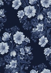 Elegant Navy Blue Floral Pattern Botanical Illustration Design
