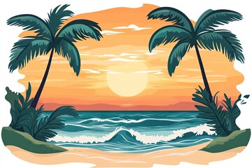 Fototapeta premium Tropical sunset at the beach. Lush palm trees frame a beautiful orange sunset over a serene ocean. Gentle waves meet the sandy shore