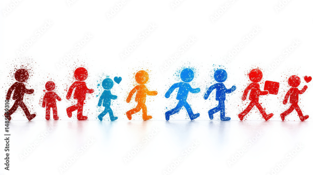 Aufkleber Series of colorful stick figures various poses, transitioning from red to blue, symbolize evolution and progress. Each figure is depicted with dynamic movement, conveying sense of growth