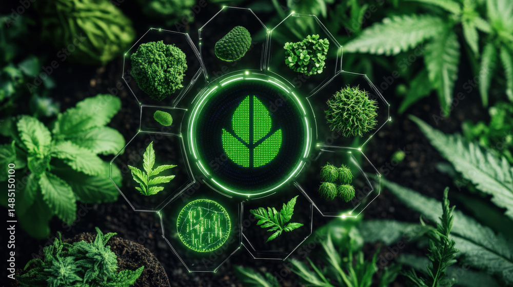 Poster digital representation of sustainable finance and esg investment is depicted with green leaf icon su