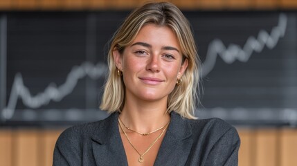 Confident young woman smiling in stylish attire with layered gold necklaces expressing professionalism against a backdrop of business growth graph illustrating success and determination