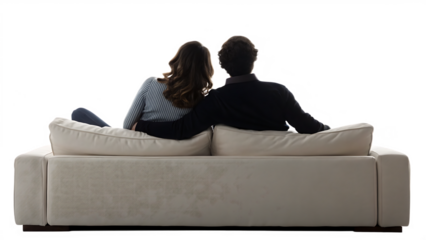 couple sitting on couch back view isolated on white background
