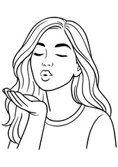 Black and white vector portrait of a woman with curly hair blowing an air kiss, ideal for engraving, prints, logos, and beauty projects