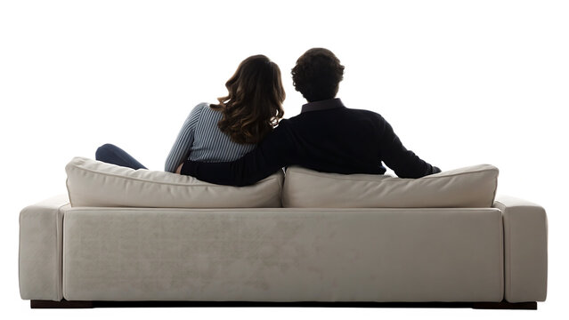 couple sitting on couch back view isolated on white background