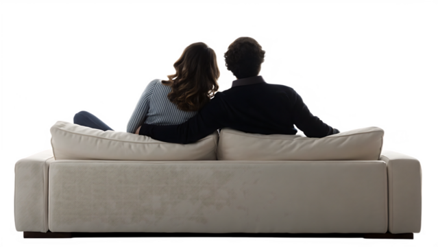 couple sitting on couch back view isolated on white background