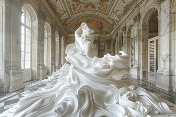 Powerful White Marble Sculpture of a Mythological Figure Amidst Dynamic Waves in a Grand Interior Varient 5
