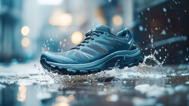 Sleek blue running shoe splashing through puddles in city rain at dusk