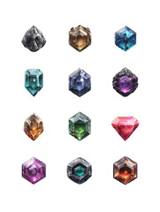 Fototapeta premium Collection of colorful gems and crystals isolated on a transparent background