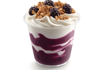 A layered dessert features yogurt swirls, blackberry swirls, topped with granola, and fresh blackberries