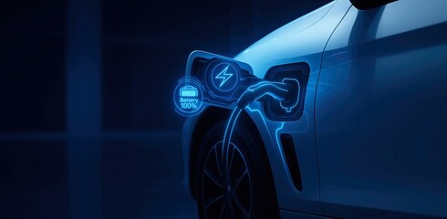 EV. Connected to the Grid: Electric Vehicle Charging Detail with Glowing Interface - Smart Infrastructure and Urban Connectivity. Copy space. Panoram Background.