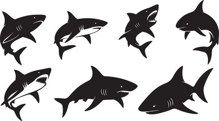 Fototapeta premium Shark Silhouettes Vector Illustration on White Background.