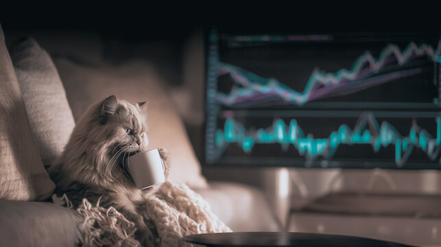 Cozy Cat Investor: A fluffy Persian cat sits comfortably on a couch, enjoying a warm drink while a stock market chart is displayed on a large monitor in the background.