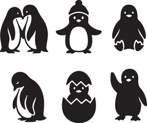 Penguin Silhouette Vector Set, Isolated on White Background.