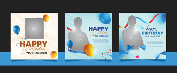 Birthday wishes social media posts bundle template, party invitation or greeting card, happy wedding anniversary celebration event square banner poster design set