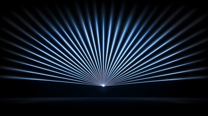 The image shows numerous bright blue laser beams emanating from a central point, creating a fan-like pattern against a dark background.A multitude of bright blue laser beams converge at a single poin