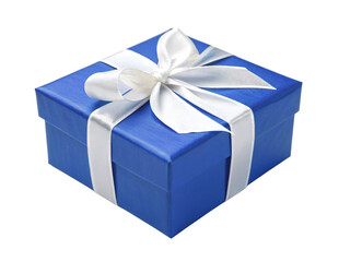 Blue Gift Box with White Ribbon Isolated Close-up Picture With PNG, Transparency and JPEG Background