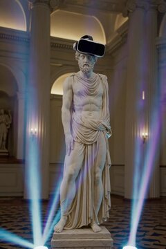 Statue classique avec casque de r&eacute;alit&eacute; virtuelle dans un mus&eacute;e illumin&eacute;

